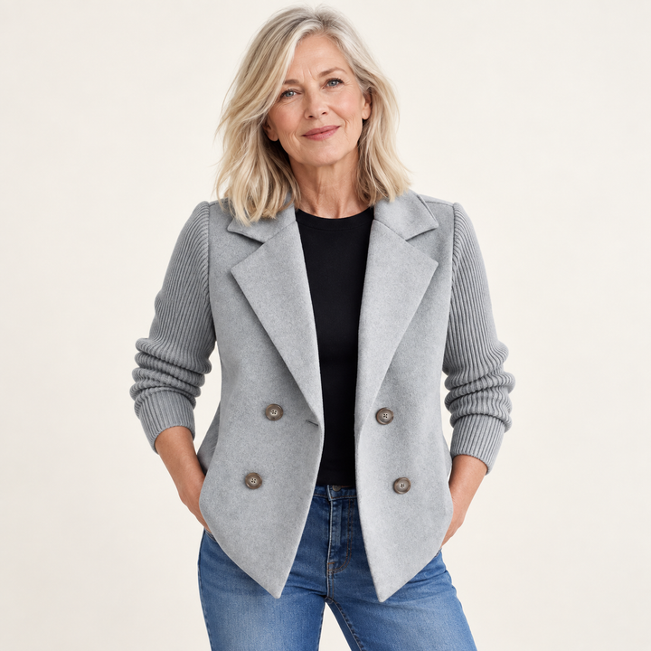 Women's relaxed coat with knitted sleeves — grey