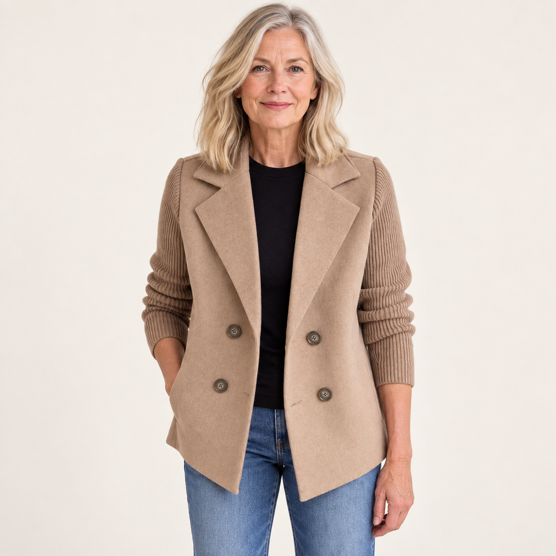 Women's relaxed coat with knitted sleeves — lightbrown