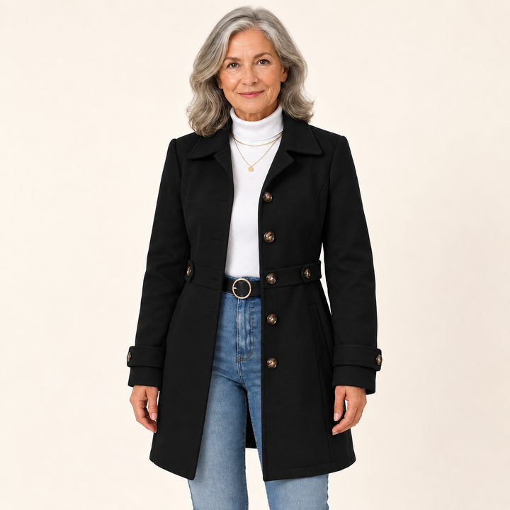 Trench Coat with Adjustable Belt – Black – front