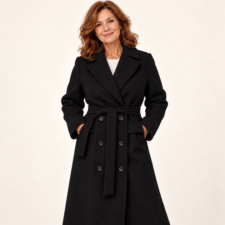 Belted Double Breasted Coat – Black – front