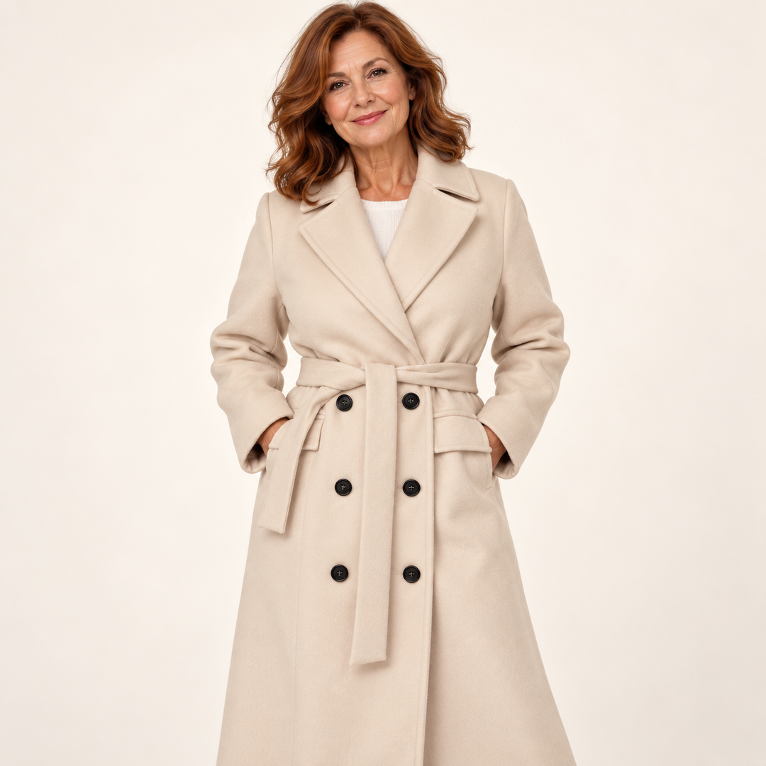 Belted Double Breasted Coat – Beige – front