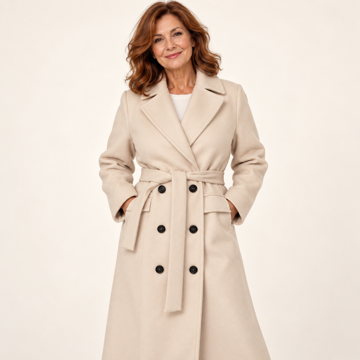 Belted Double Breasted Coat – Beige – front