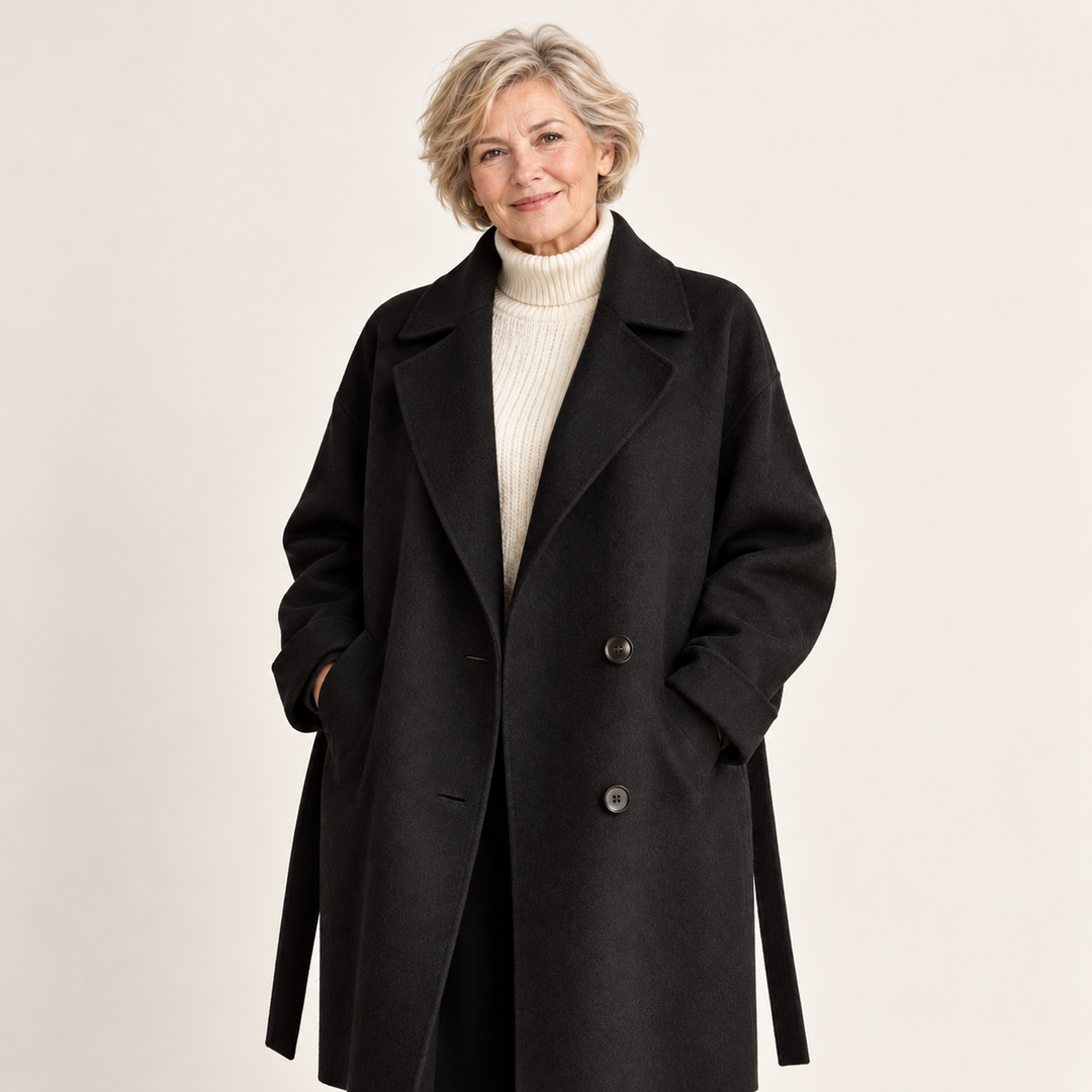 Belted Wool Blend Long Coat – Black – front