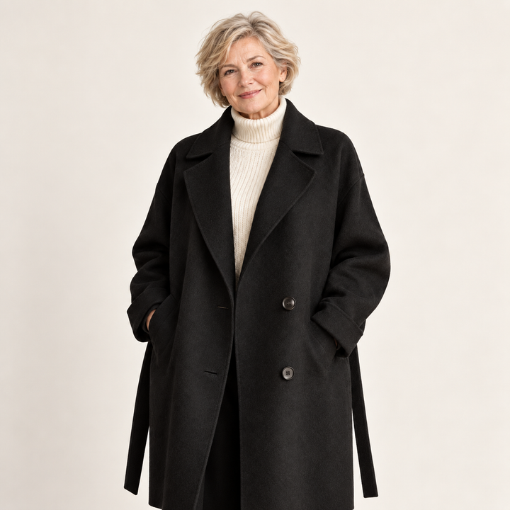 Belted Wool Blend Long Coat – Black – front