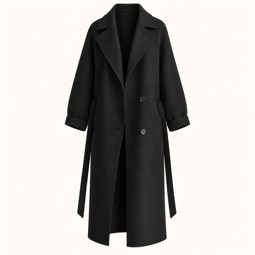 Belted Wool Blend Long Coat – Black – product only