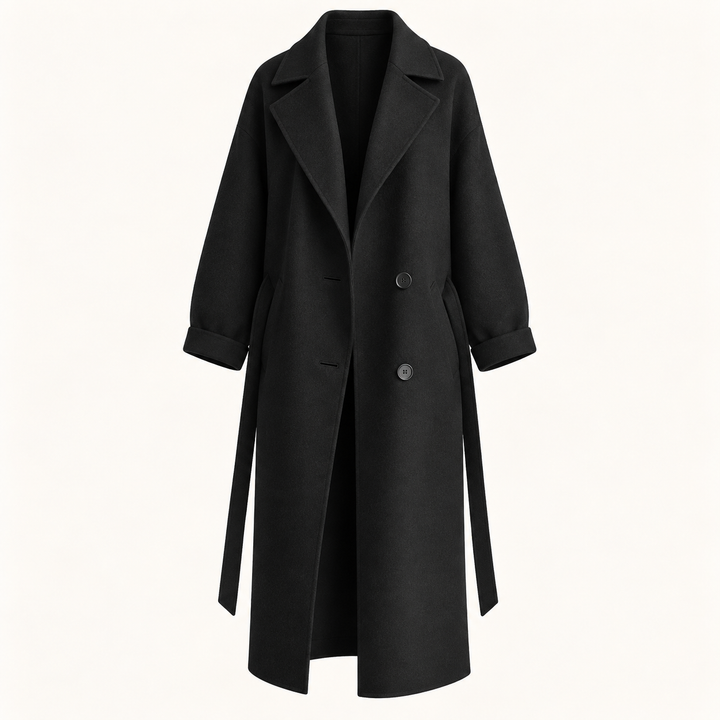Belted Wool Blend Long Coat – Black – product only