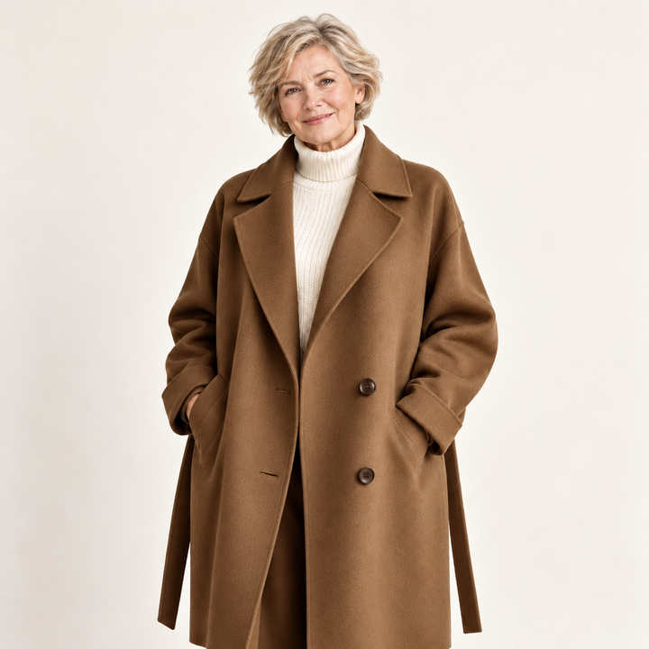 Belted Wool Blend Long Coat – Brown – front