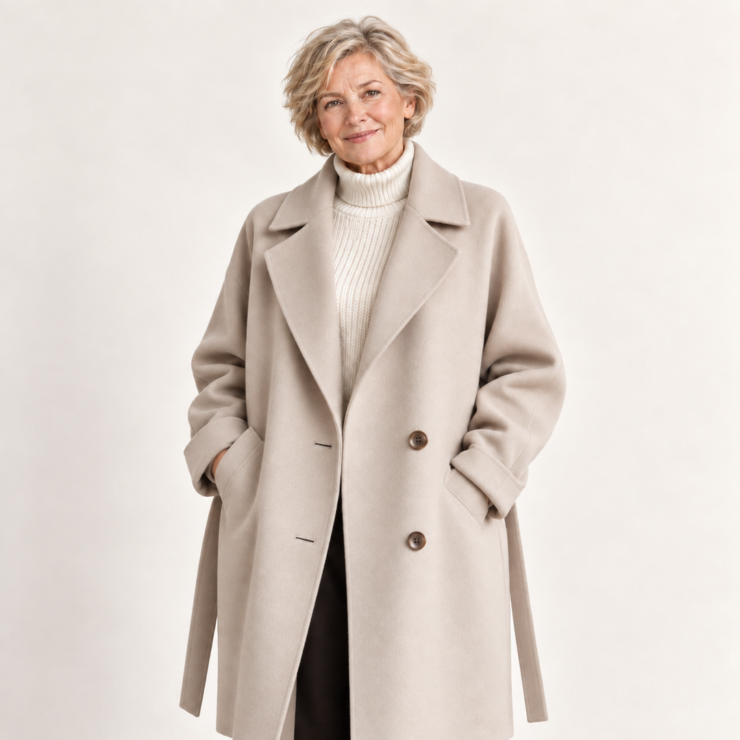 Belted Wool Blend Long Coat – Beige – front