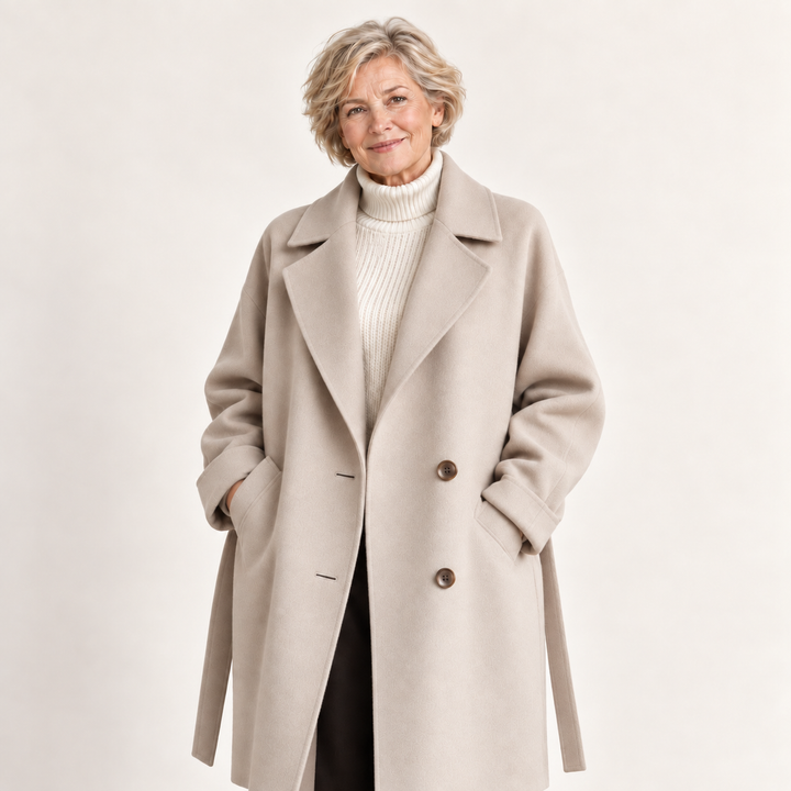 Belted Wool Blend Long Coat – Beige – front
