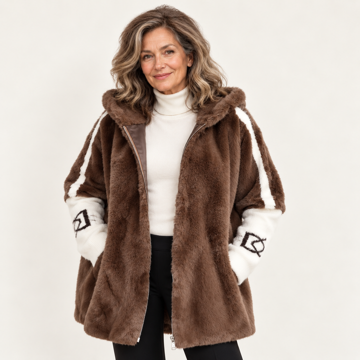 Women's Long Oversized Faux Fur Coat - Brown & White