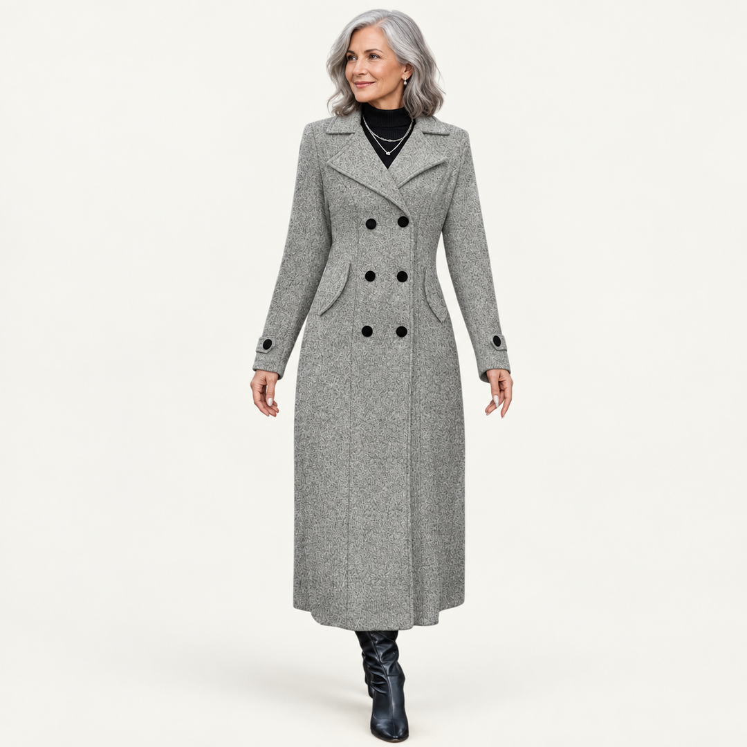 Women's Double-Breasted Long Coat – Grey – front