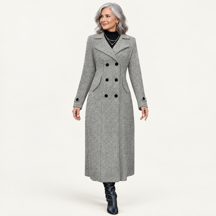 Women's Double-Breasted Long Coat – Grey – front