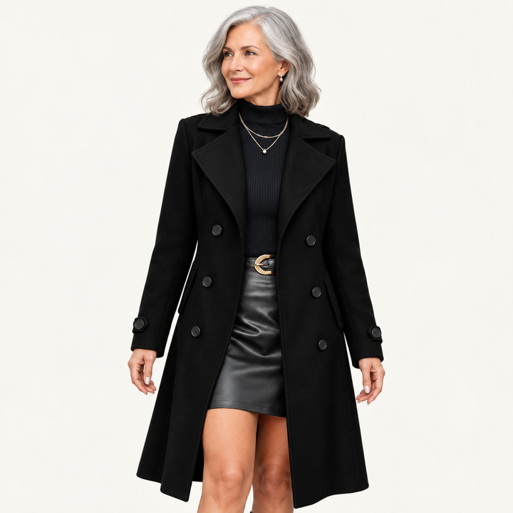 Women's Double-Breasted Long Coat – Black – front