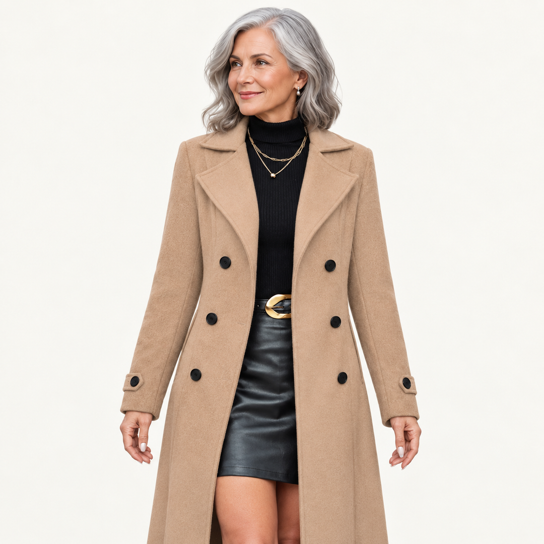 Women's Double-Breasted Long Coat – Khaki – front