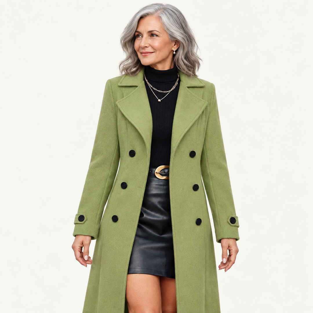 Women's Double-Breasted Long Coat – Green – front