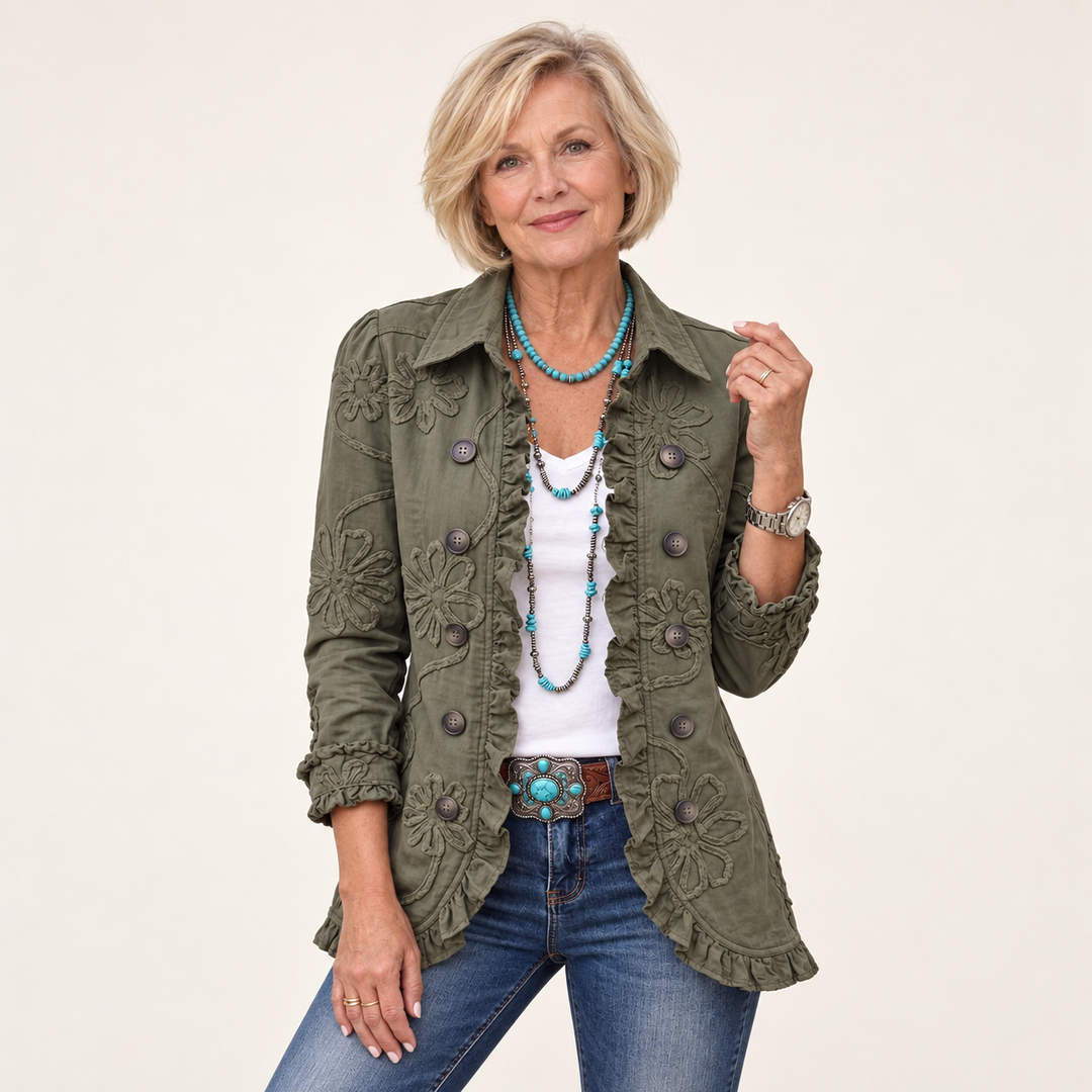 Women's Embroidered Jacket with Ruffle Trim – Olive Green – front