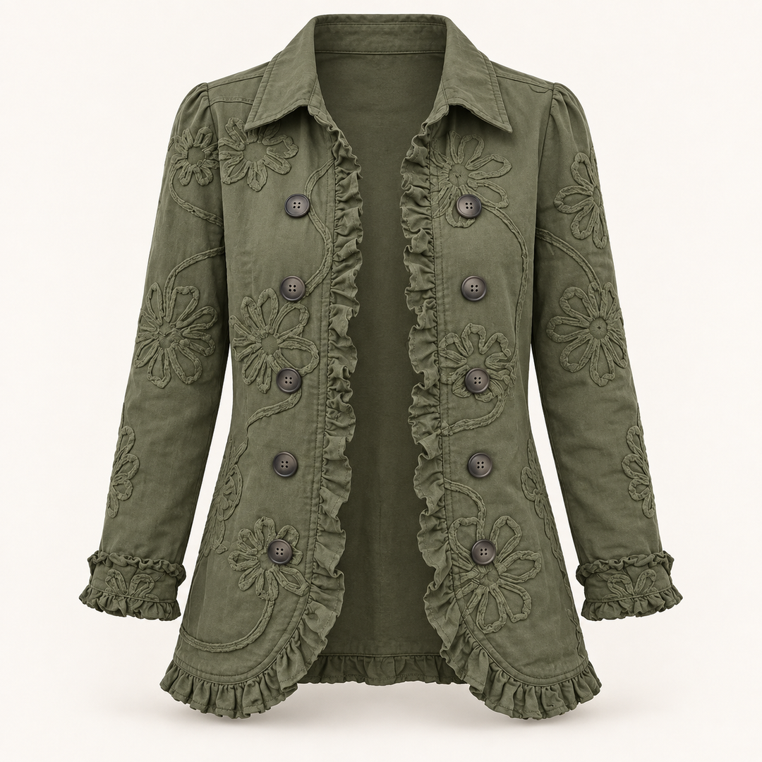 Women's Embroidered Jacket with Ruffle Trim – Olive Green – product only
