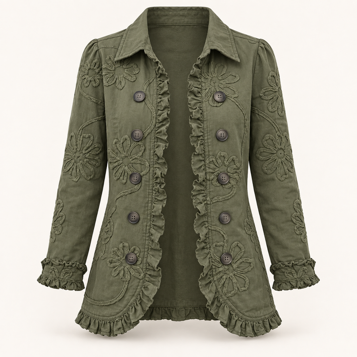 Women's Embroidered Jacket with Ruffle Trim – Olive Green – product only