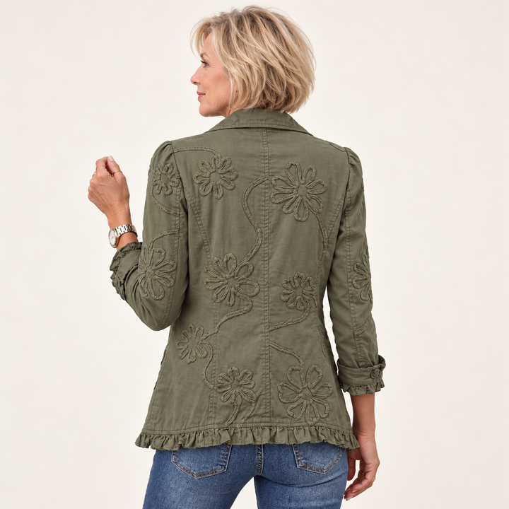 Women's Embroidered Jacket with Ruffle Trim – Olive Green – rear view