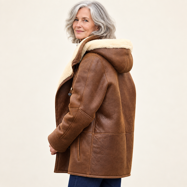 Faux Shearling Winter Coat – Brown – side and rear view