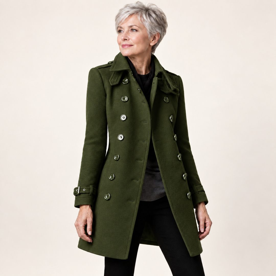Fitted Double Breasted Coat – Olive Green – front