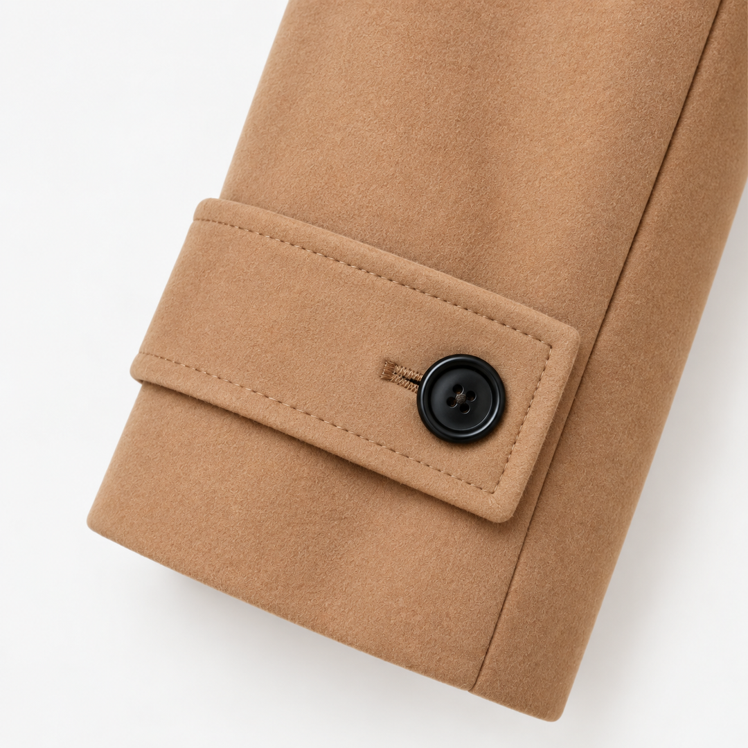 Long Coat with High Collar — Khaki — cuff detail