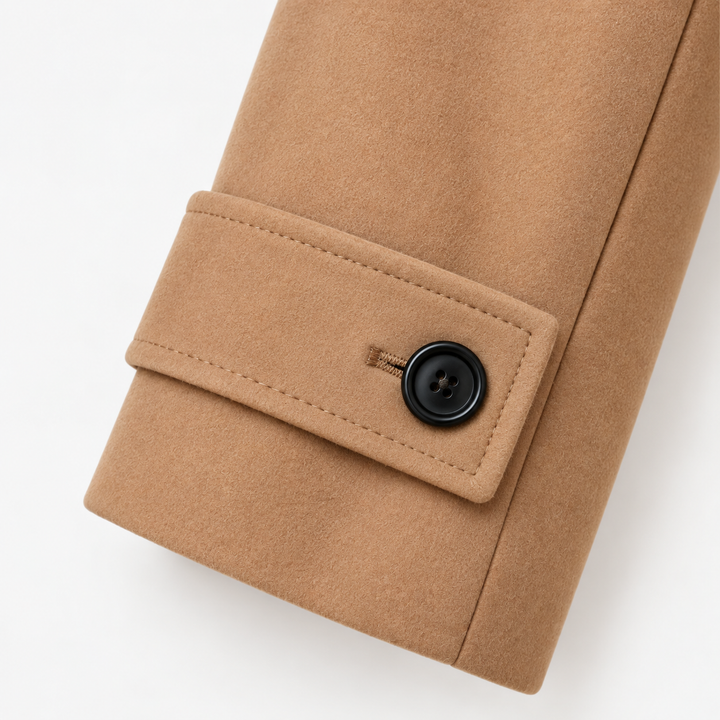 Long Coat with High Collar — Khaki — cuff detail