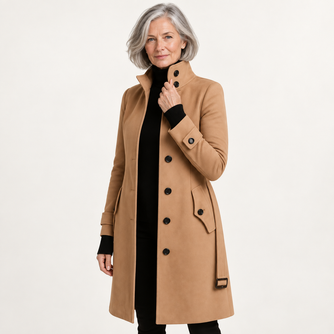 Long Coat with High Collar — Khaki — front