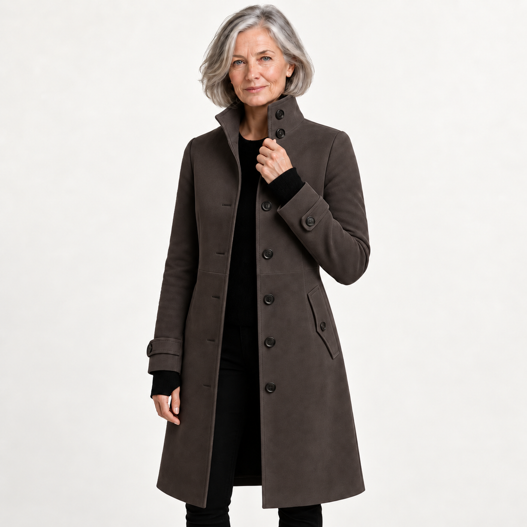 Long Coat with High Collar — Dark Grey — front