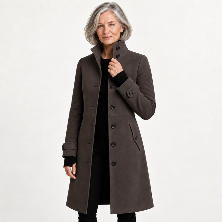 Long Coat with High Collar — Dark Grey — front