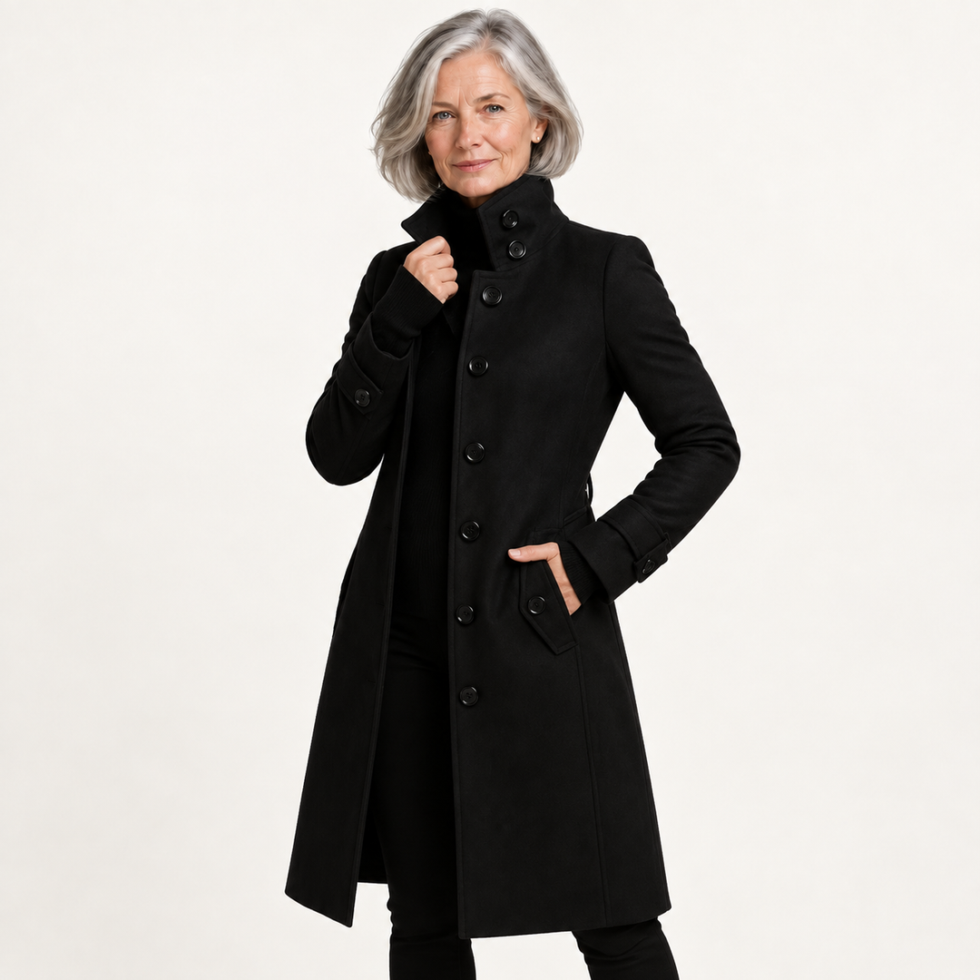 Long Coat with High Collar — Black — front
