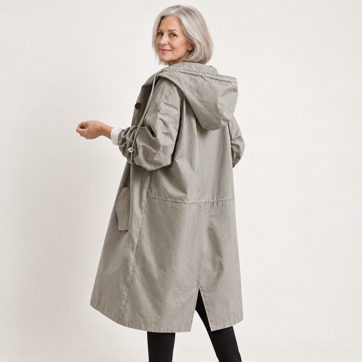 Hooded Raincoat — Grey — rear view