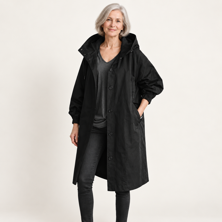 Hooded Raincoat — Black — front