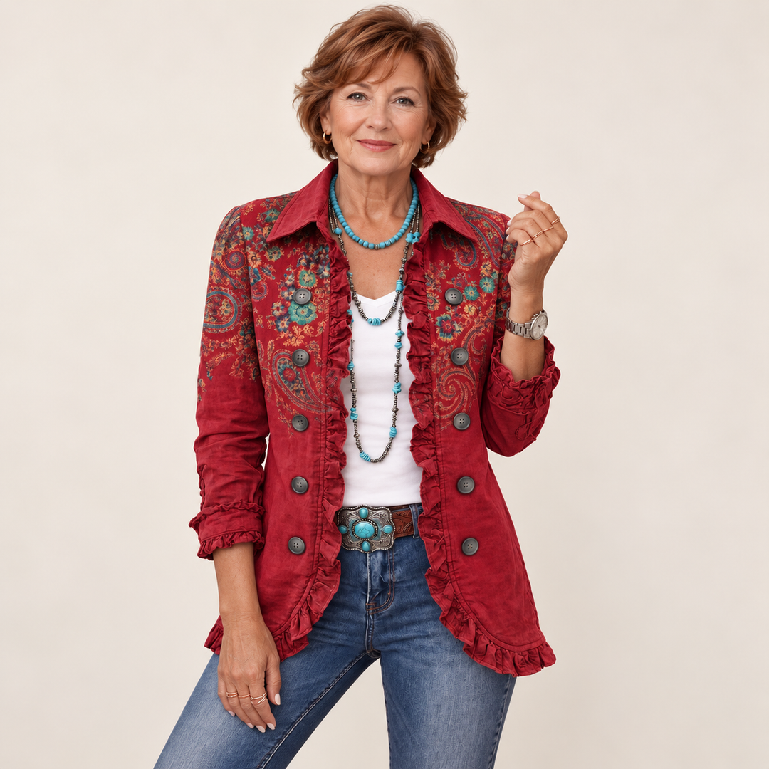 Paisley Print Jacket with Ruffles – Red – front