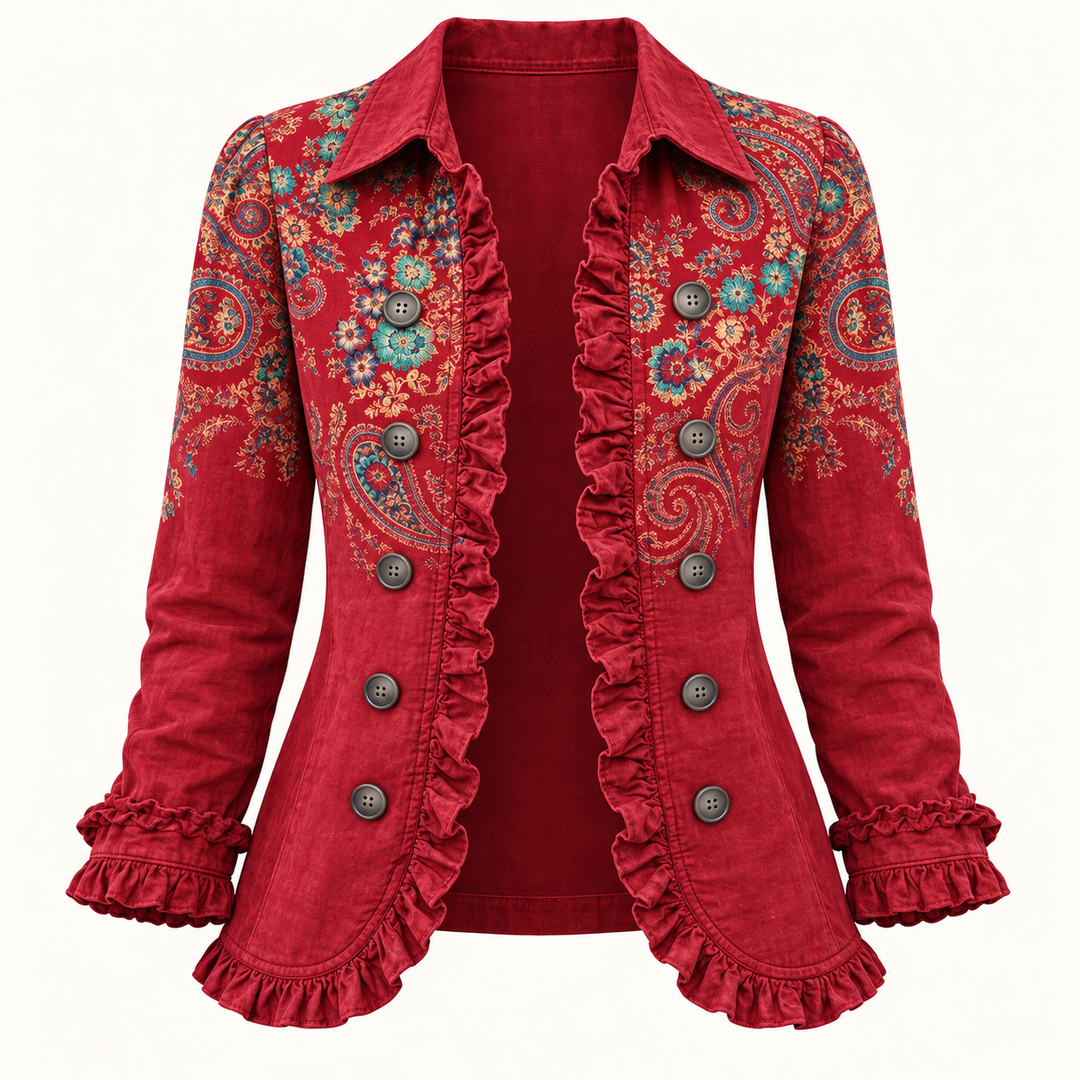 Paisley Print Jacket with Ruffles – Red – product only