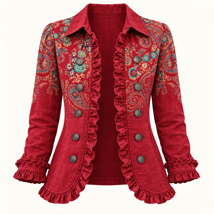 Paisley Print Jacket with Ruffles – Red – product only