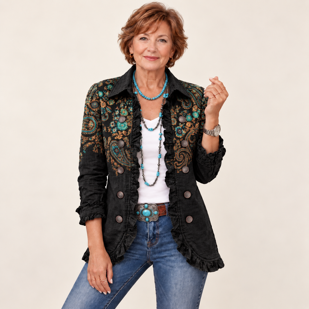 Paisley Print Jacket with Ruffles – Black – front