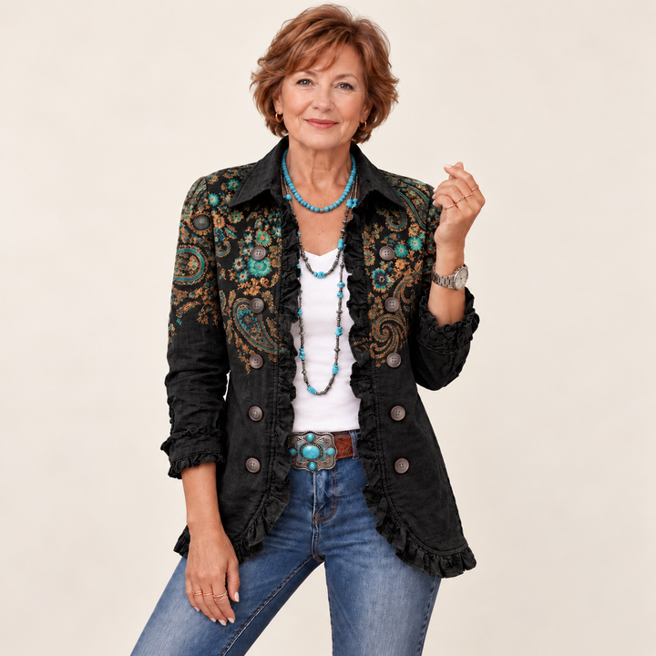 Paisley Print Jacket with Ruffles – Black – front