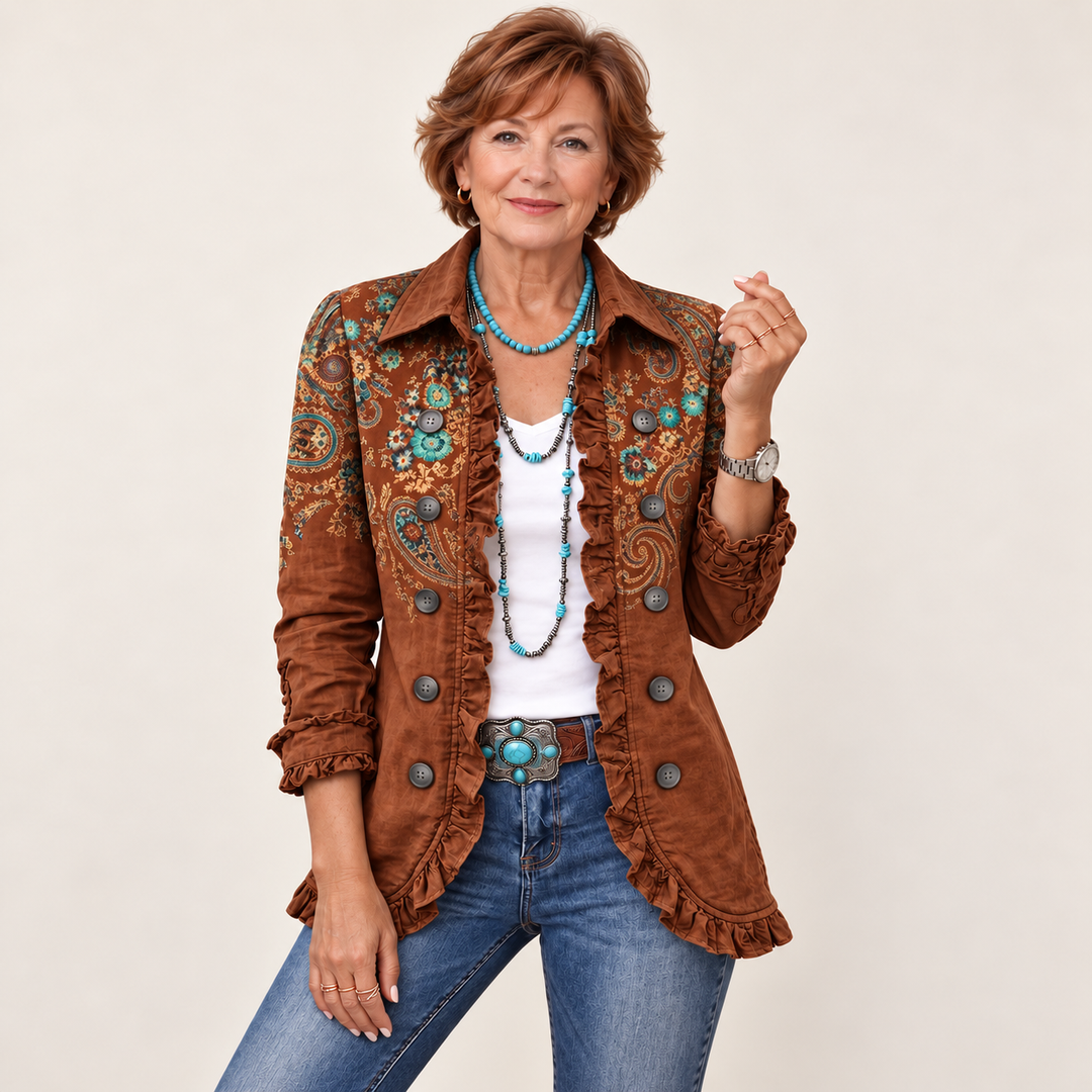 Paisley Print Jacket with Ruffles – Brown – front