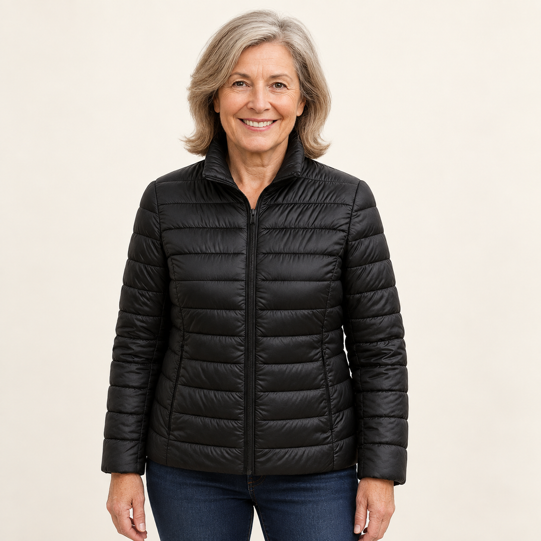 Ulla transitional padded jacket in Black worn by a mature woman, front view