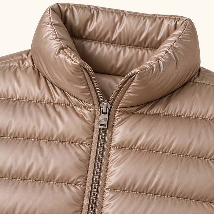 Ulla transitional padded jacket in Champagne, close-up of stand collar, zip and quilting