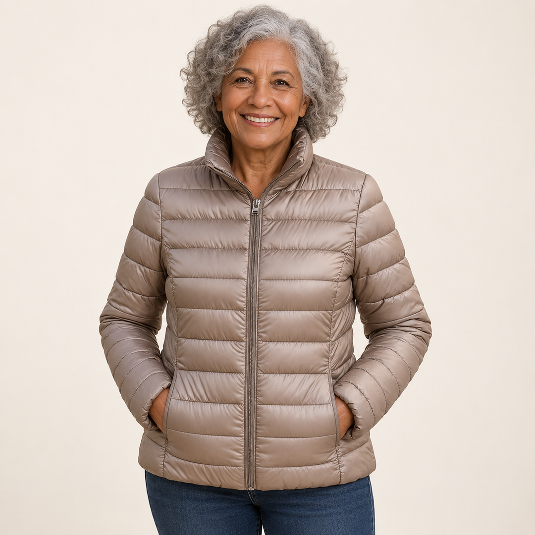 Ulla transitional padded jacket in Champagne worn by a mature woman, front view