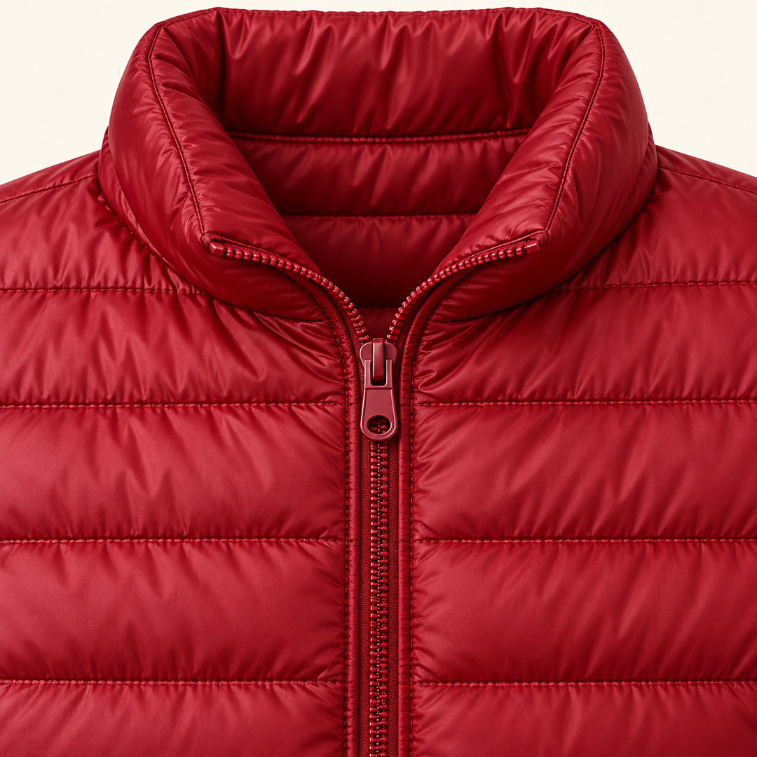 Ulla transitional padded jacket in Dark Red, close-up of stand collar, zip and quilting