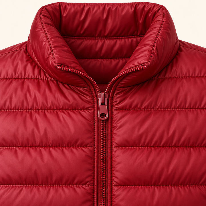 Ulla transitional padded jacket in Dark Red, close-up of stand collar, zip and quilting
