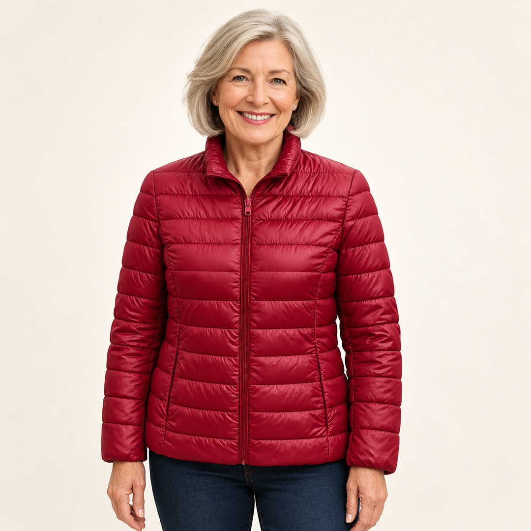 Ulla transitional padded jacket in Dark Red worn by a mature woman, front view