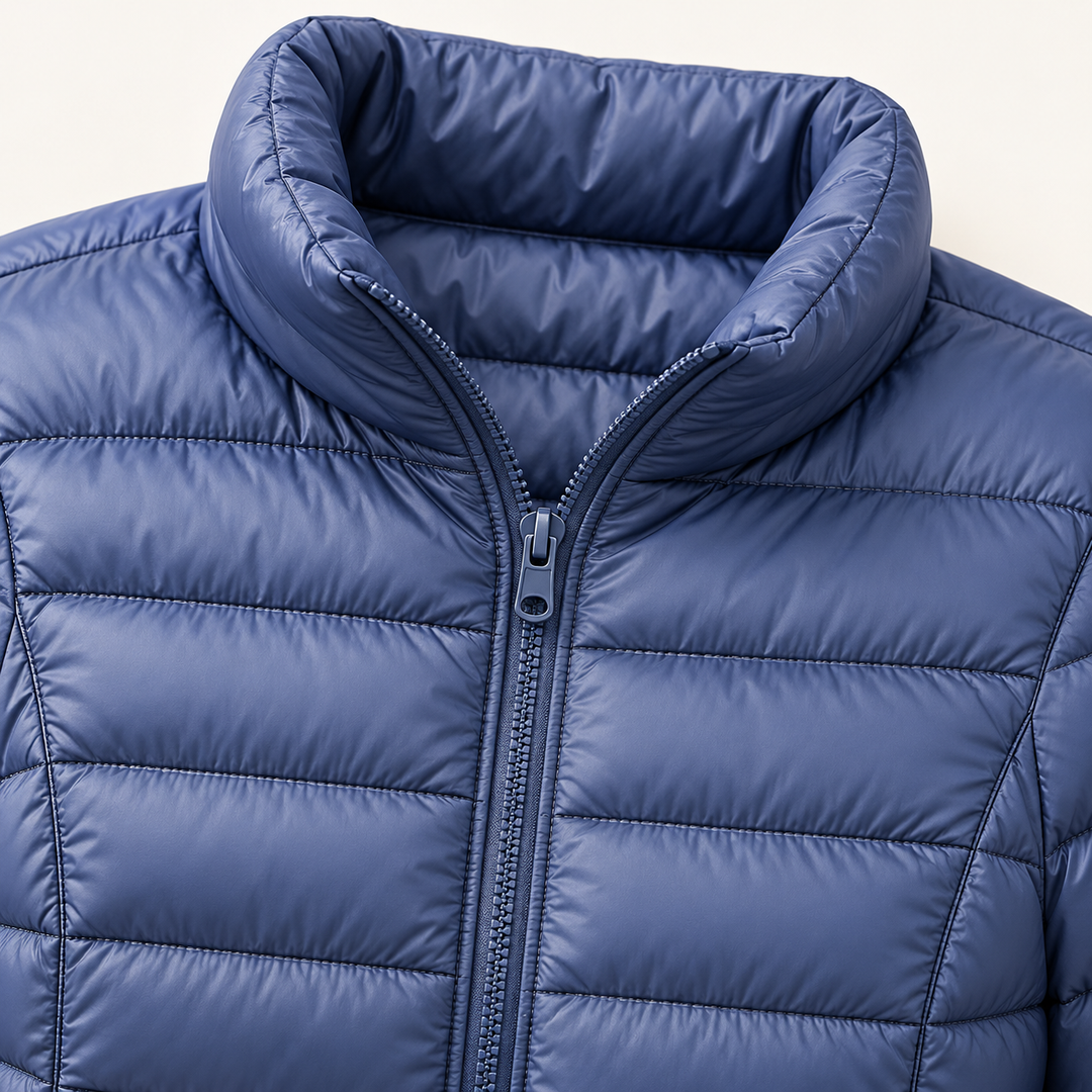 Ulla transitional padded jacket in Indigo, close-up of stand collar, zip and quilting