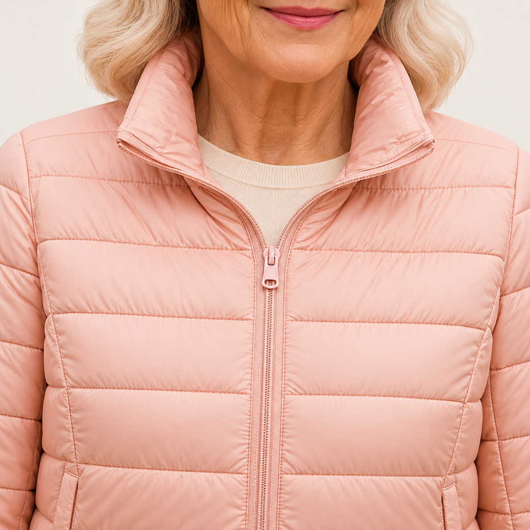 Ulla transitional padded jacket in Light Pink, close-up of stand collar, zip and quilting