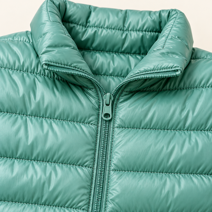 Ulla transitional padded jacket in Mint Green, close-up of stand collar, zip and quilting