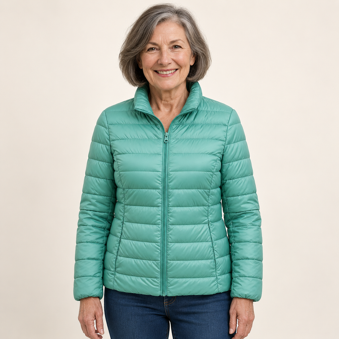 Ulla transitional padded jacket in Mint Green worn by a mature woman, front view