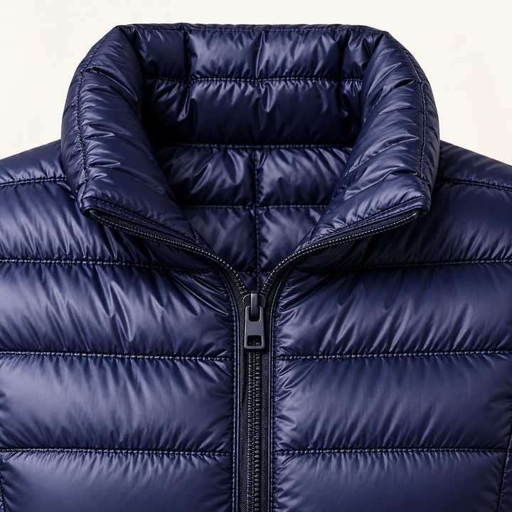 Ulla transitional padded jacket in Navy Blue, close-up of stand collar, zip and quilting